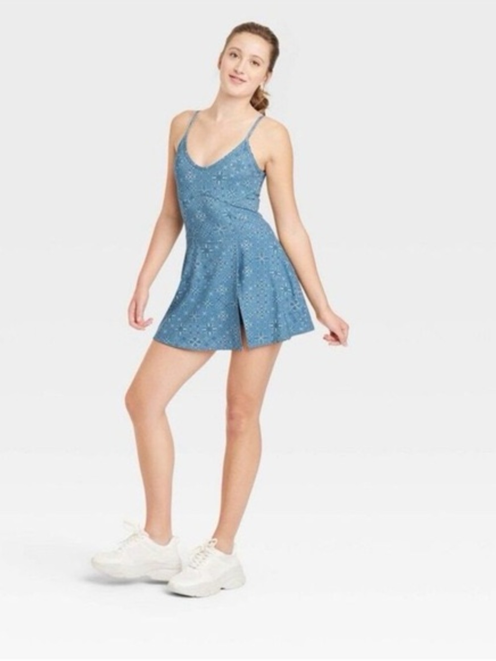 JoyLab Blue Printed Athletic Romper Dress | Built-In Shorts | Size Small